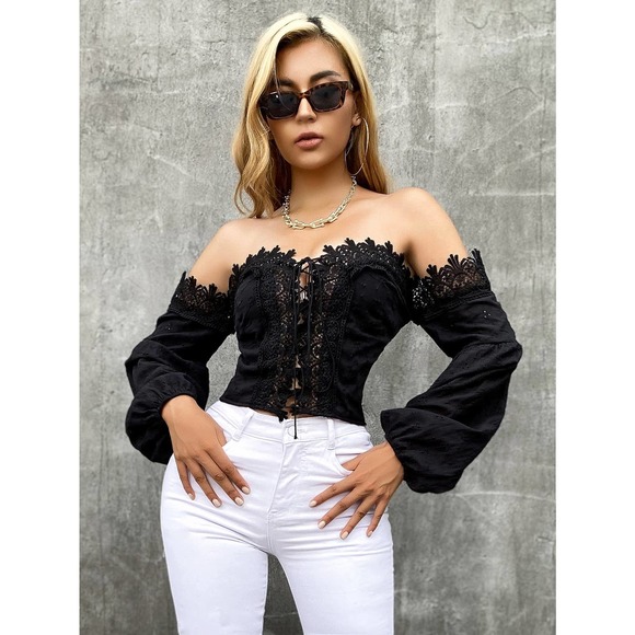 Off the Shoulder long sleeve Lace Up Front Schiffy Eyelet Crop Top boho white - Picture 5 of 11